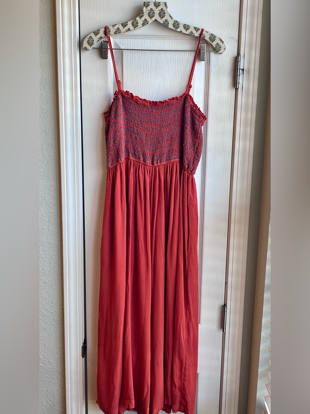 Entro Smocked Wide Leg Boho Jumpsuit Coral Red Orange Size L